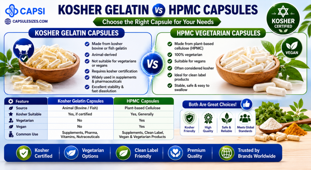 Comparison between kosher gelatin and HPMC vegetarian capsules