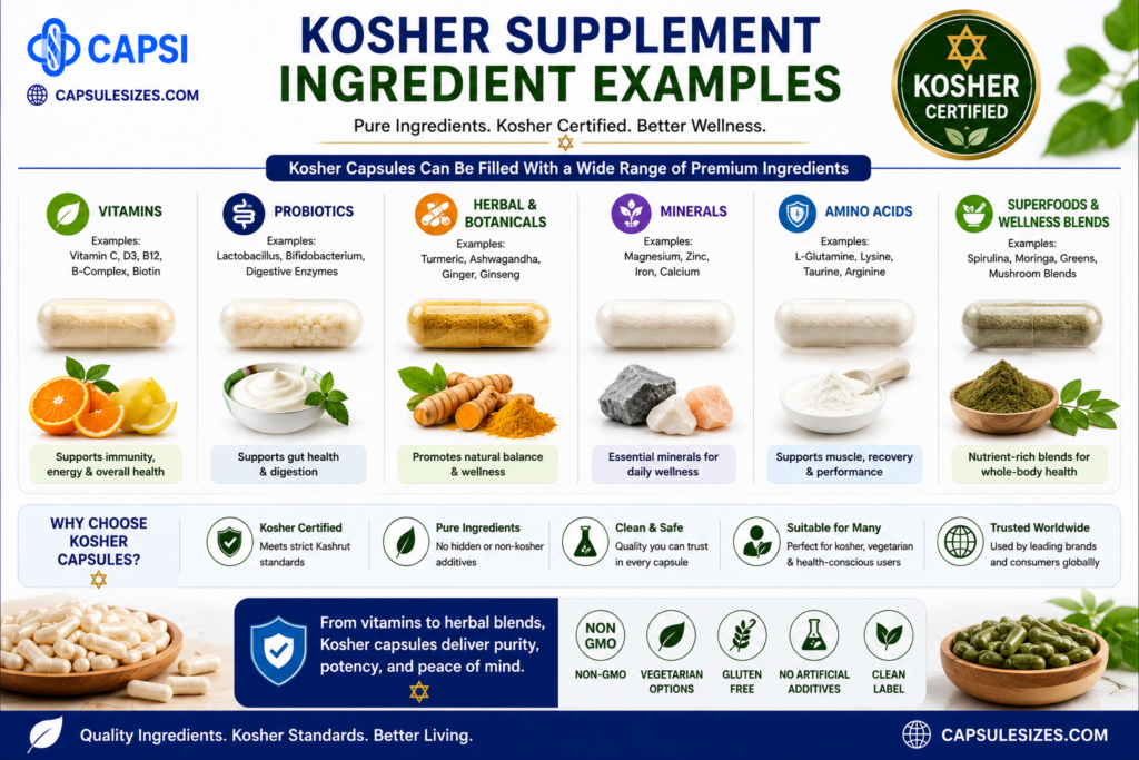 Examples of kosher supplement ingredients in capsules