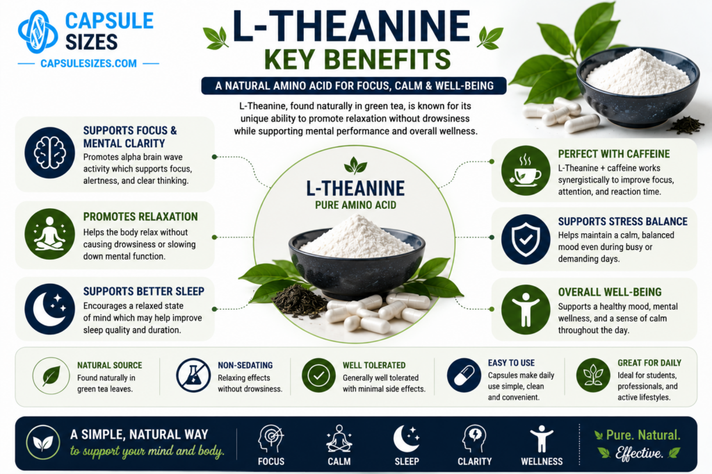 L-Theanine supplement infographic with wellness benefits