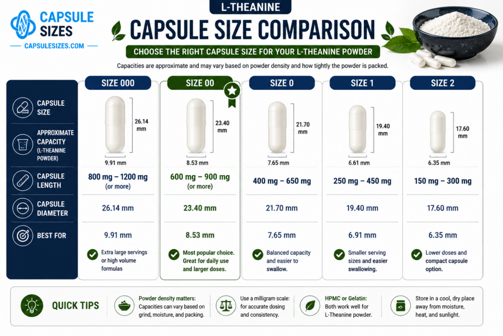 Capsule size comparison chart for L-Theanine powder