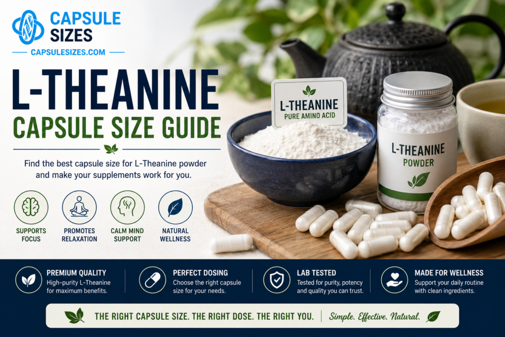 L-Theanine capsule size guide with powder and empty capsules