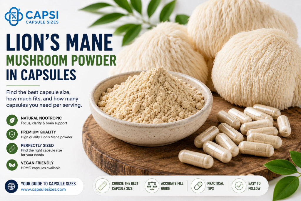 Lion’s Mane mushroom powder with size 00 capsules by Capsi Capsule Sizes
