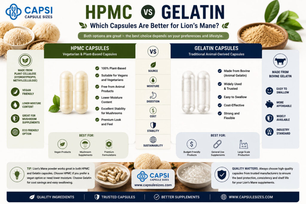 HPMC vs gelatin capsules for Lion’s Mane mushroom powder