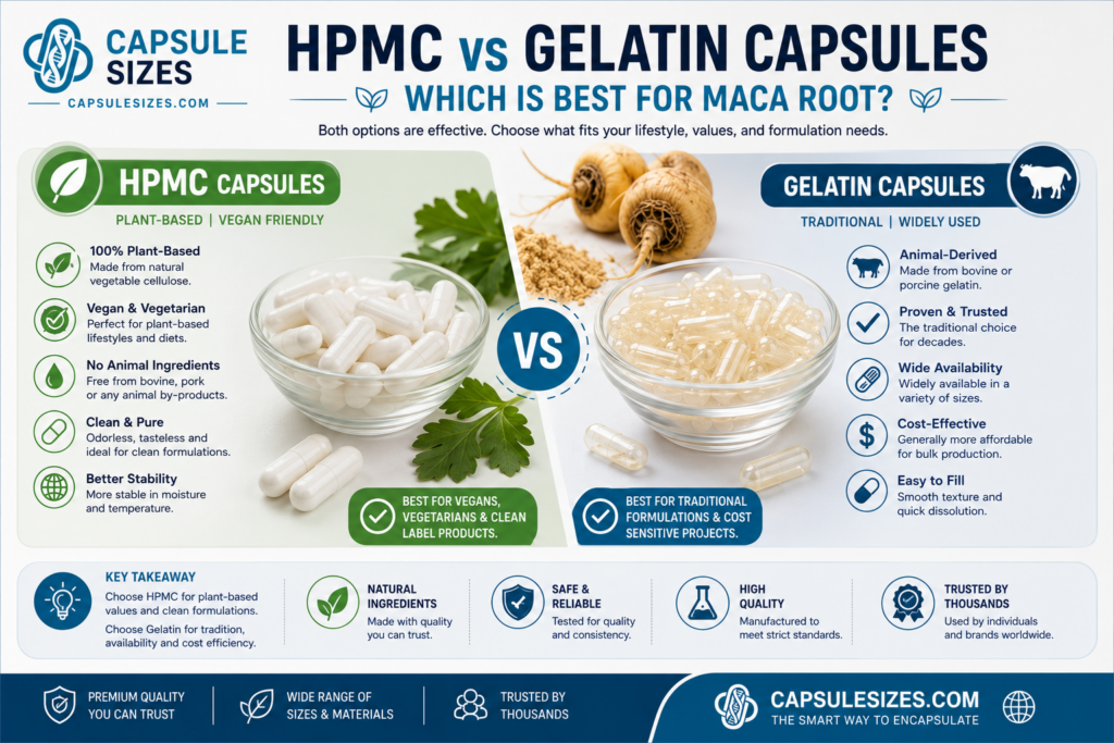 HPMC versus gelatin capsules for maca root supplements