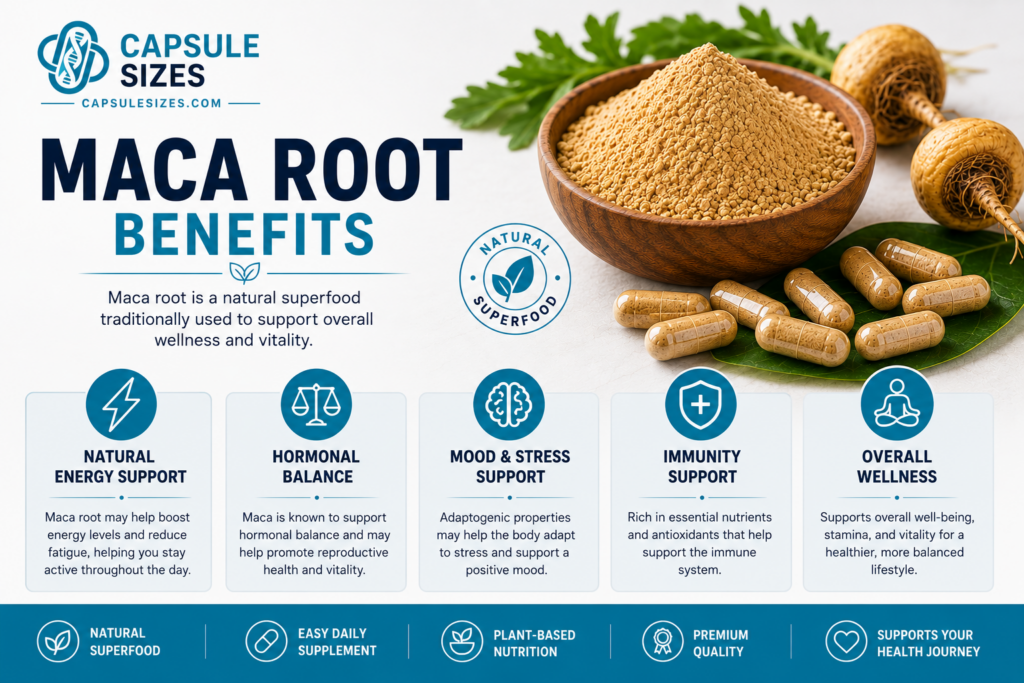 Maca root powder supplement benefits infographic