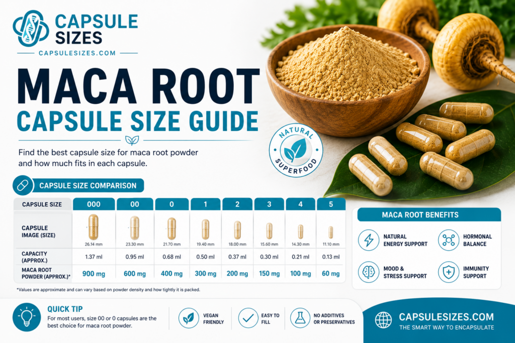 Capsule size comparison chart for maca root powder