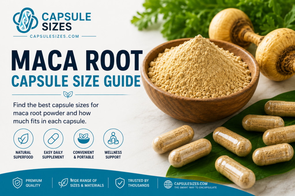 Maca root capsule size guide with maca powder and capsules
