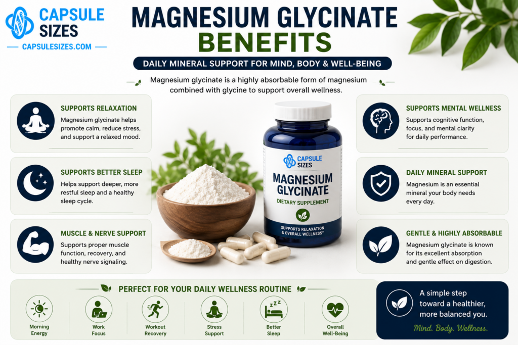 Magnesium glycinate supplement infographic with wellness benefits
