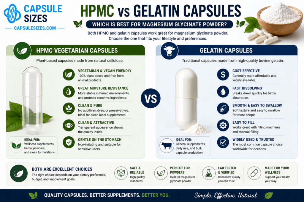 HPMC versus gelatin capsules for magnesium glycinate powder