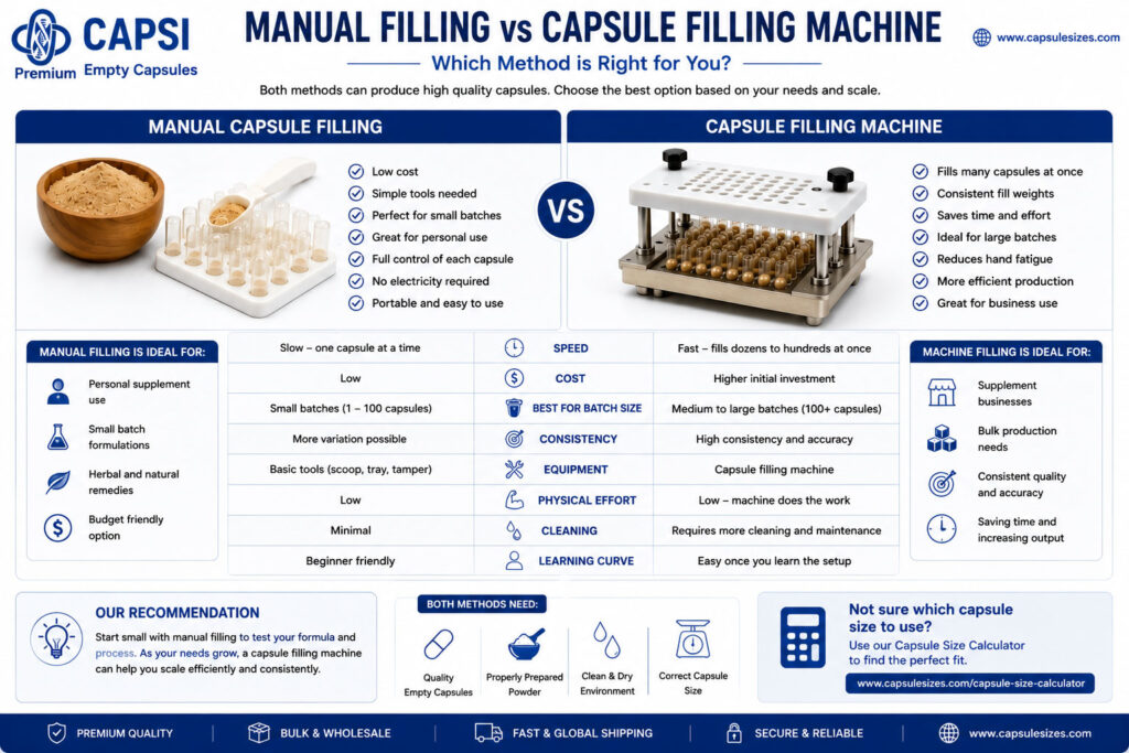Manual capsule filling versus capsule filling machine infographic comparing speed, consistency, cost and production efficiency