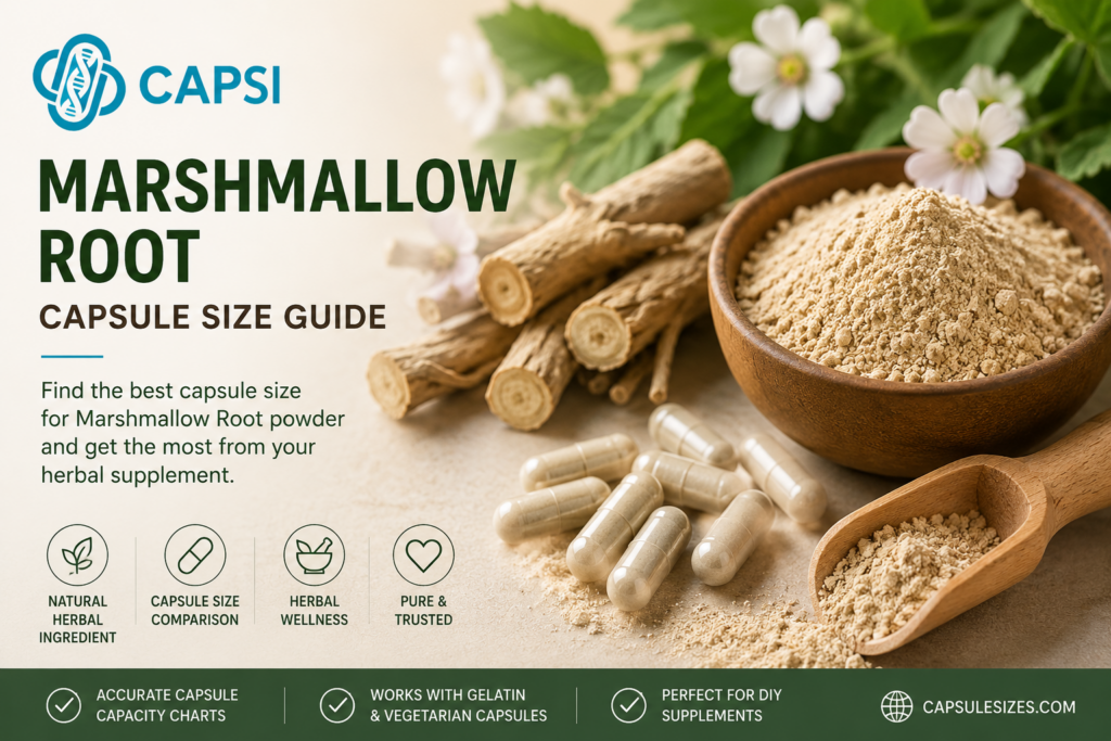 Marshmallow root powder with empty capsules for capsule size guide