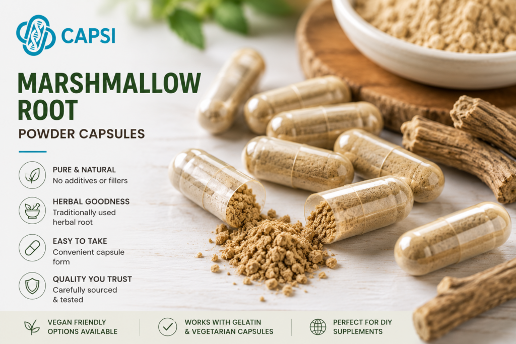 Filled marshmallow root powder capsules close up