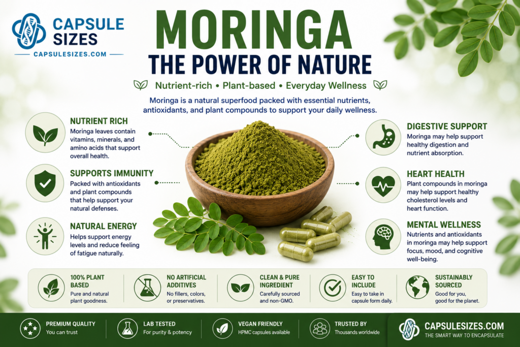 Moringa powder supplement benefits infographic