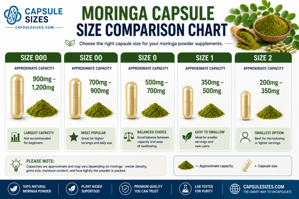 Capsule size comparison chart for moringa powder