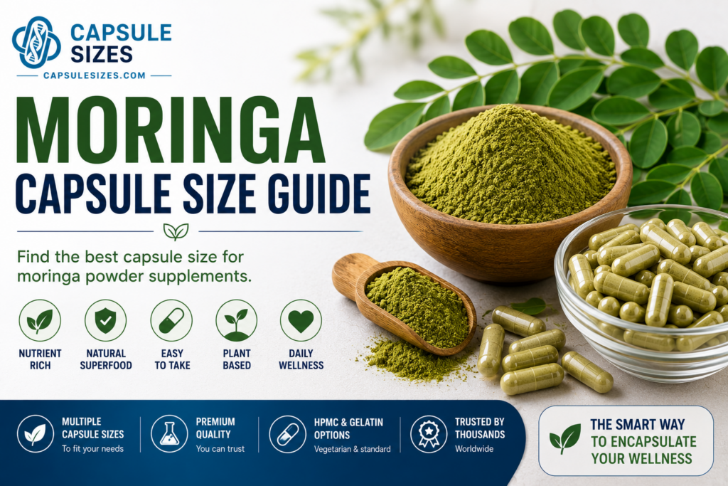 Moringa capsule size guide with moringa powder and capsules