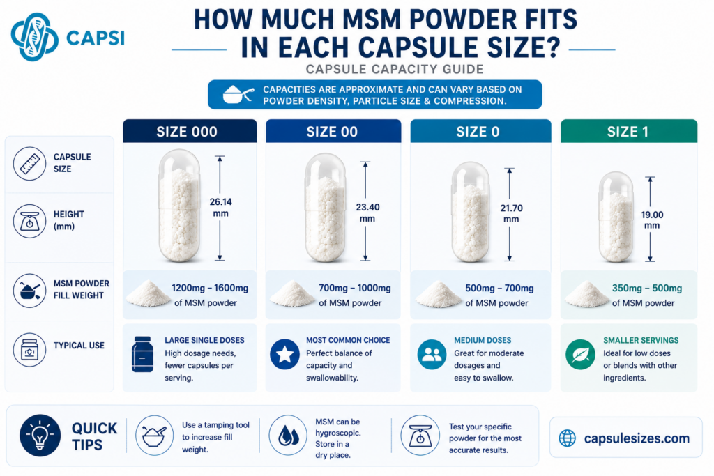 Infographic showing MSM powder capsule capacities