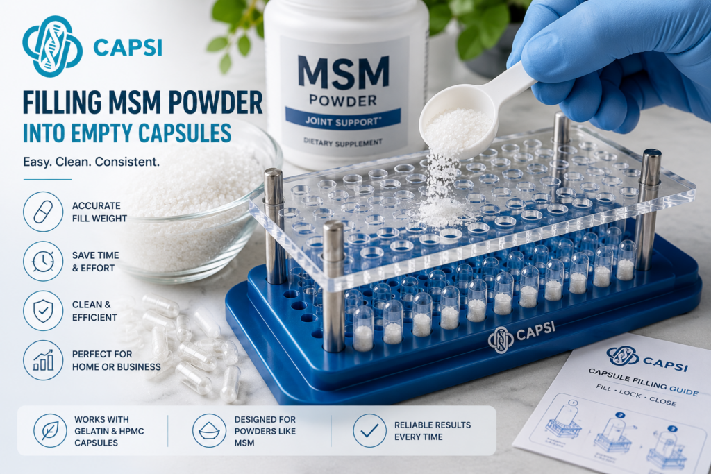 Filling MSM powder into empty capsules using a capsule machine