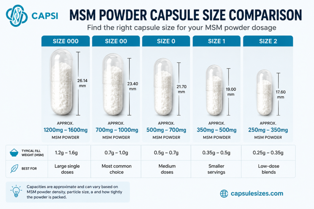 MSM powder capsule size comparison chart showing capsule capacities