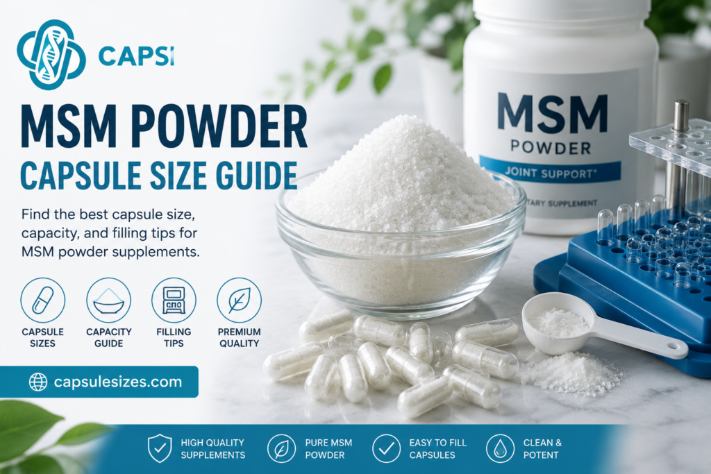 MSM powder capsule size guide with empty capsules and supplement filling setup
