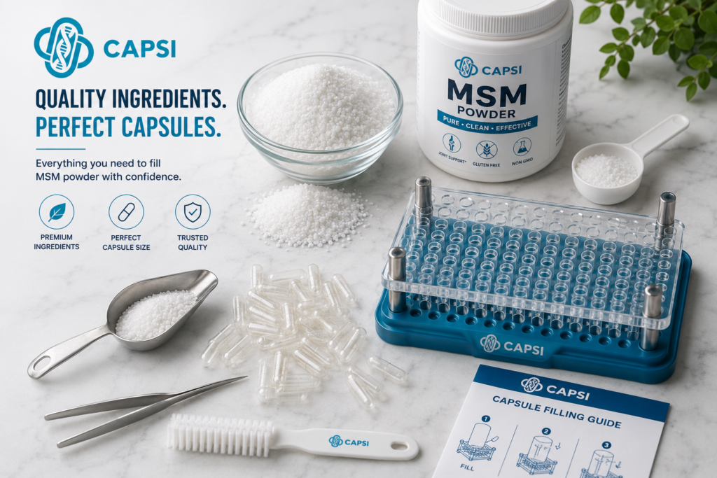 MSM powder with empty capsules and capsule filling accessories