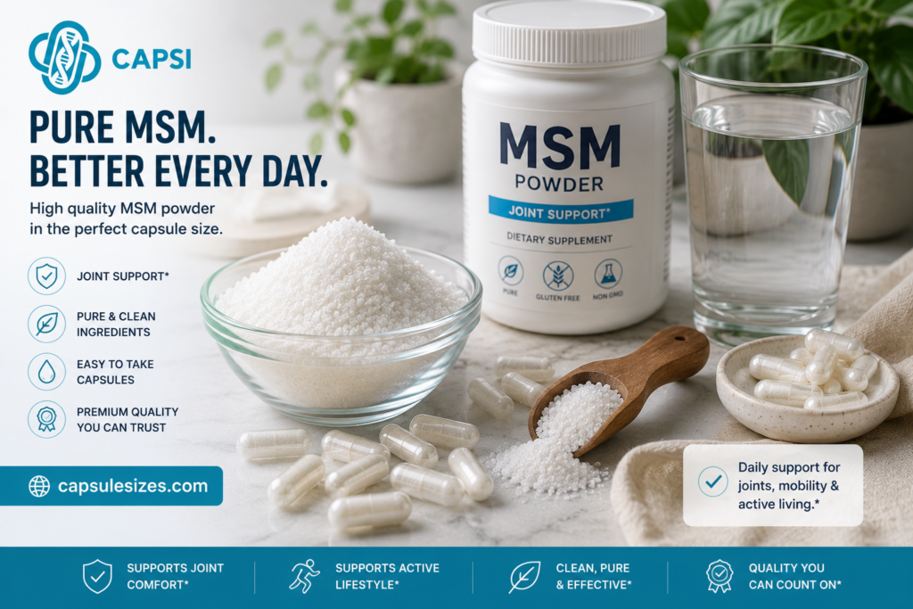 MSM powder supplement lifestyle setup with capsules