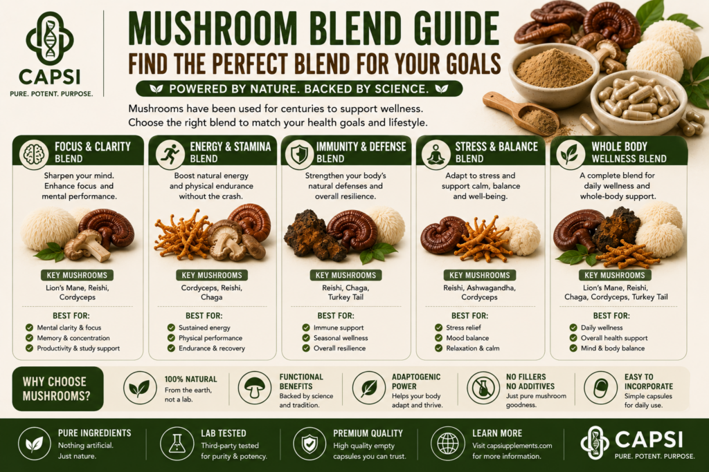 Quick guide and FAQ for mushroom blend powder capsules