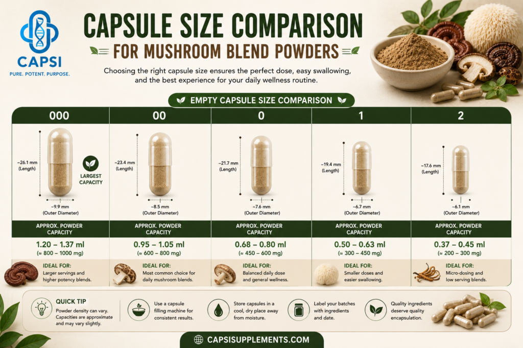 Capsule size comparison chart for mushroom blend powder