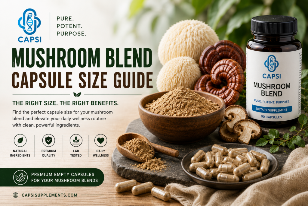 Mushroom blend capsule size guide with mushroom powder and empty capsules