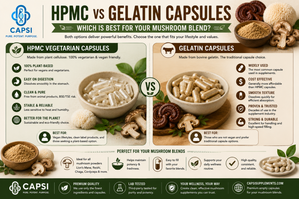 HPMC versus gelatin capsules for mushroom blend powder