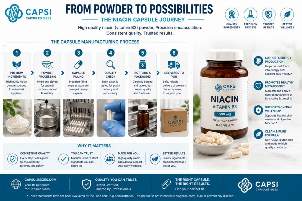 Niacin capsule size frequently asked questions infographic