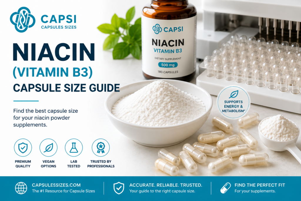 Niacin powder capsule size guide with empty capsules and supplement setup