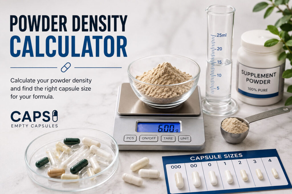 Powder density calculator for empty capsules and supplement powders