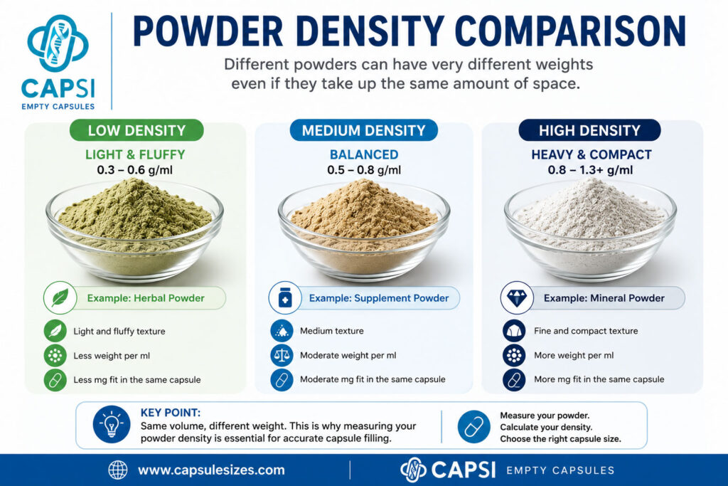 Comparison of low, medium and high powder density examples