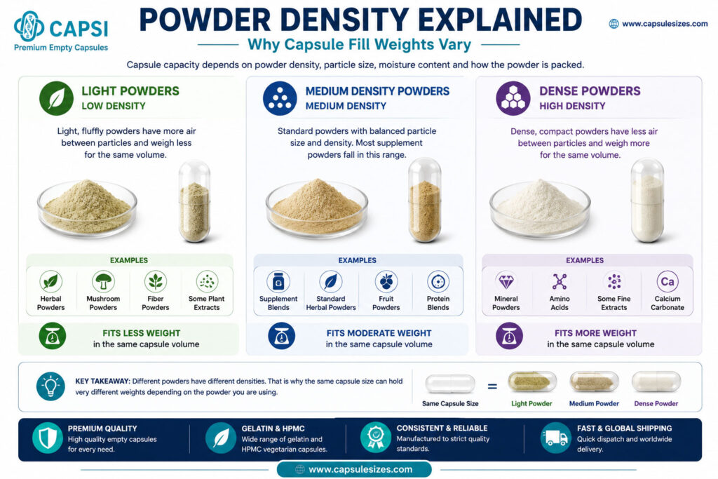 Image 2 ALT:
Powder density explained infographic showing differences between light, medium and dense powders for capsule filling