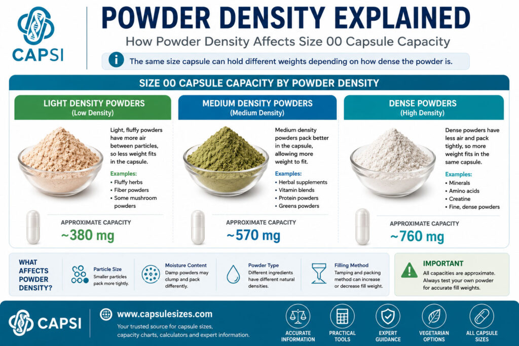 Powder density explained infographic showing how powder density affects size 00 capsule capacity and fill weight