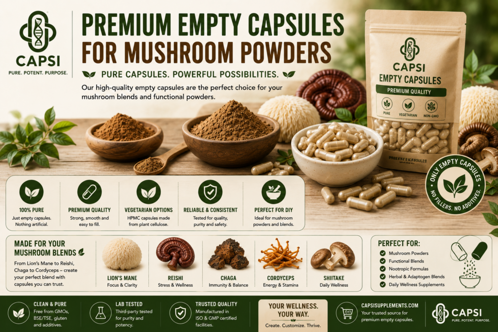Premium empty capsules for mushroom blend powder