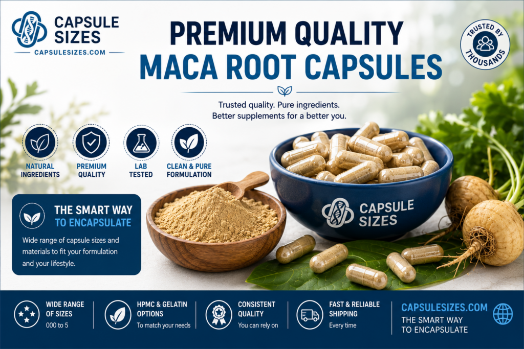 Premium quality maca root capsules by Capsi