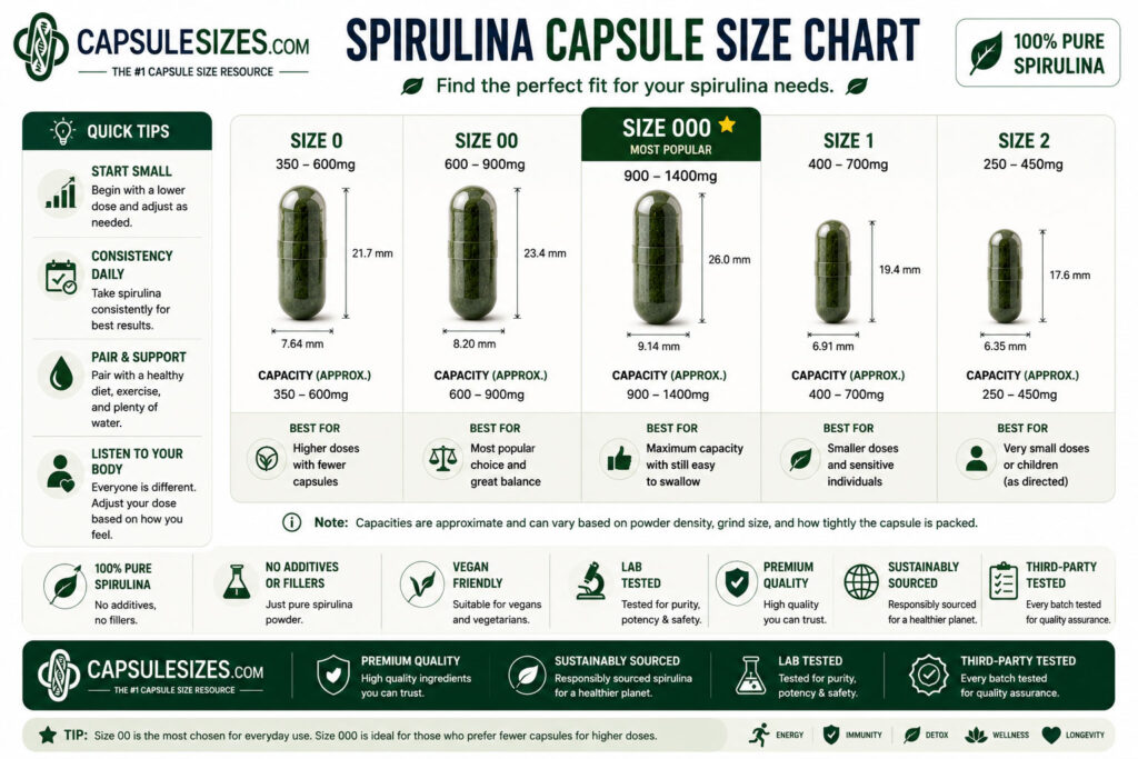 Spirulina capsule size comparison chart