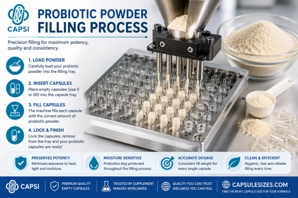 Filling probiotic powder into empty capsules
