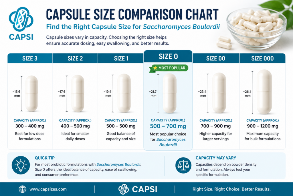 Capsule size comparison chart for Saccharomyces boulardii powder