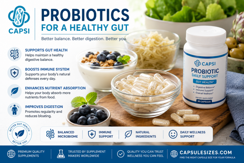 Probiotic capsules with healthy gut health foods