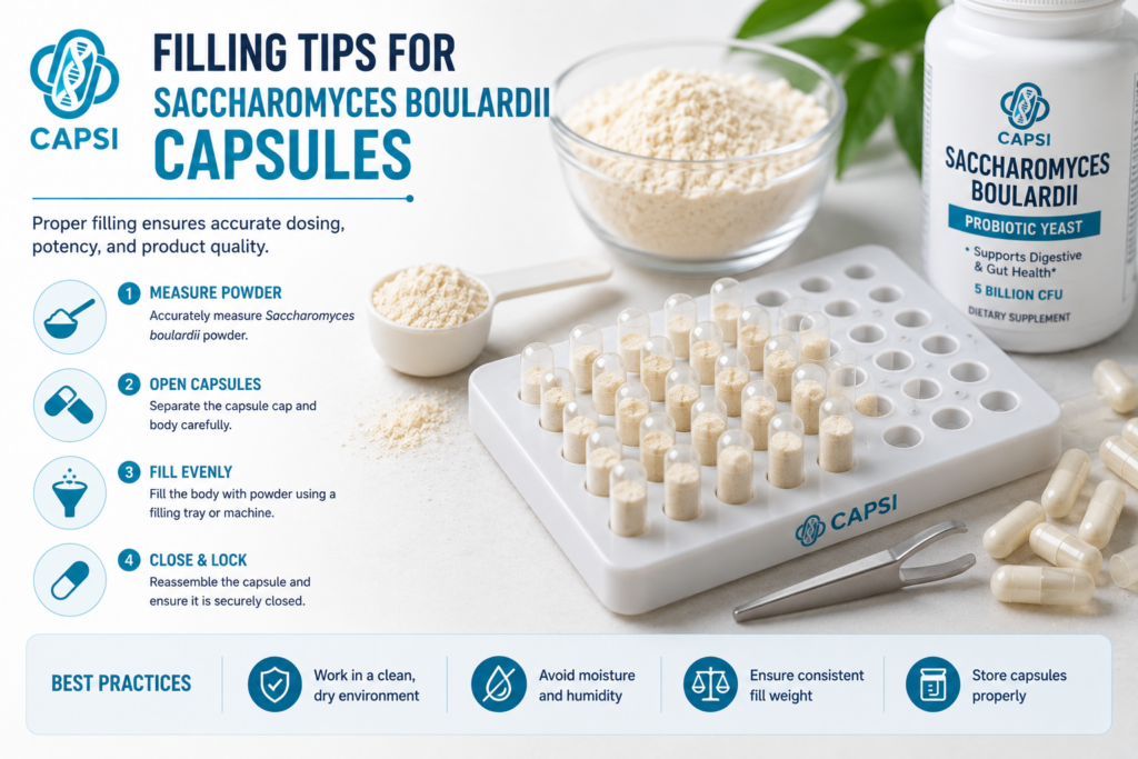 Filling Saccharomyces boulardii probiotic powder into capsules