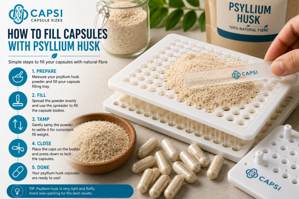 Filling psyllium husk powder into empty capsules