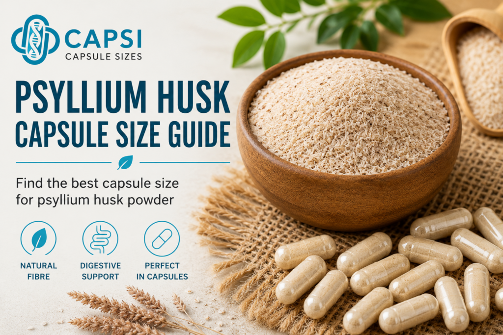 Psyllium husk powder and empty capsules for capsule size guide