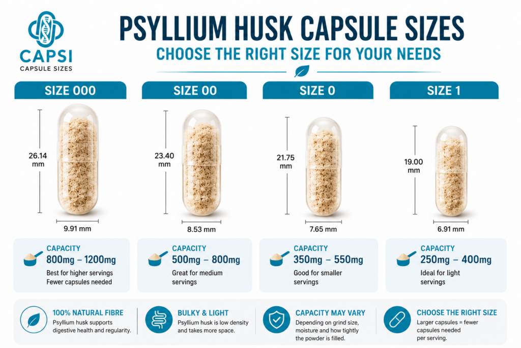 Different capsule sizes for psyllium husk supplements