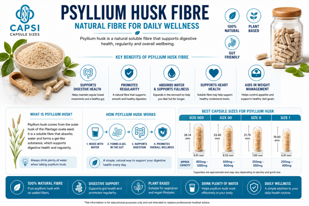 Psyllium husk fibre supplement benefits infographic