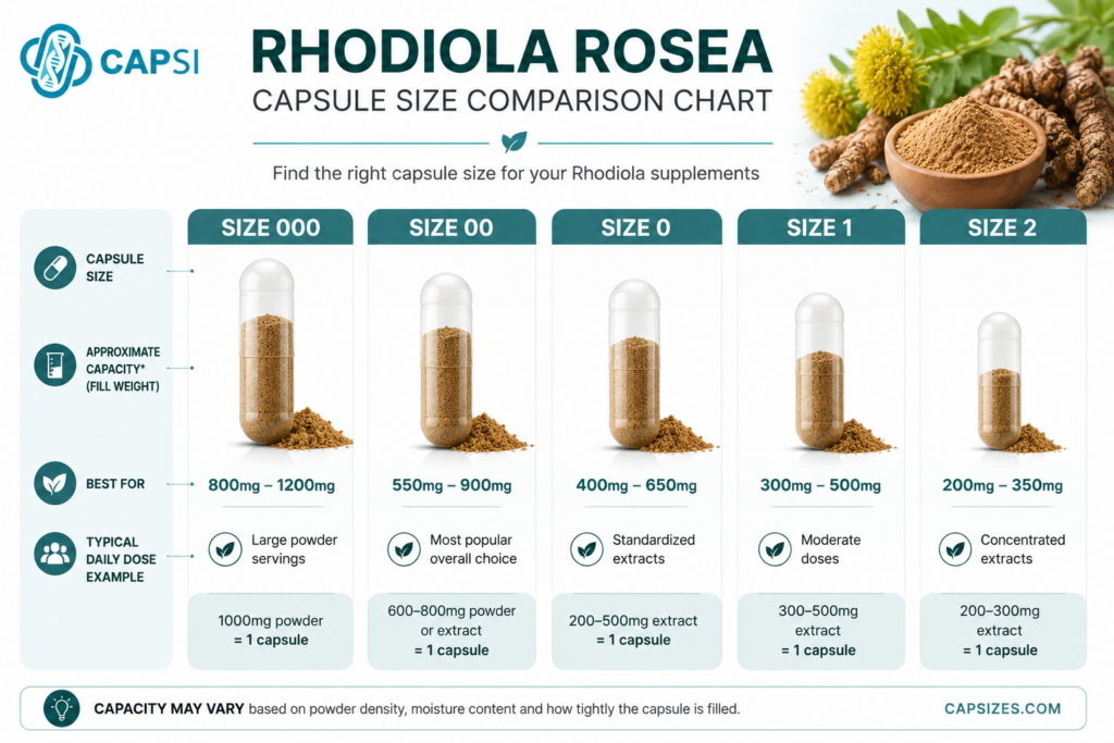 Capsule size comparison chart for Rhodiola Rosea powder