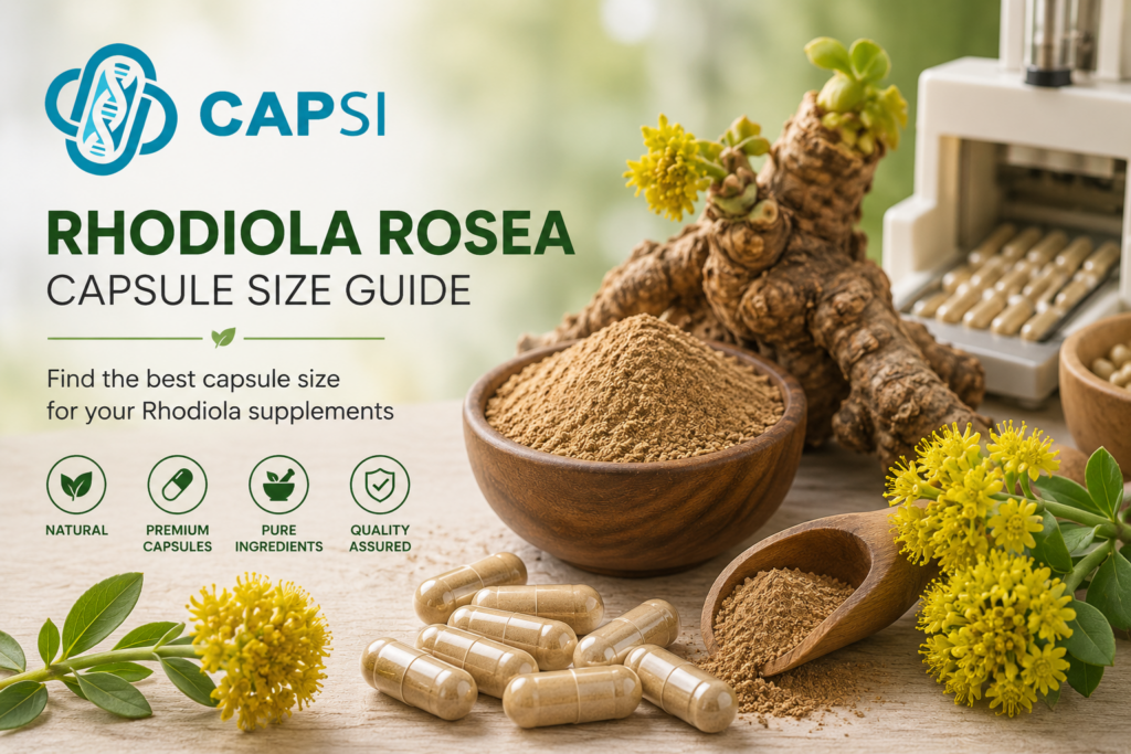 Rhodiola Rosea capsule size guide with herbal powder and empty capsules