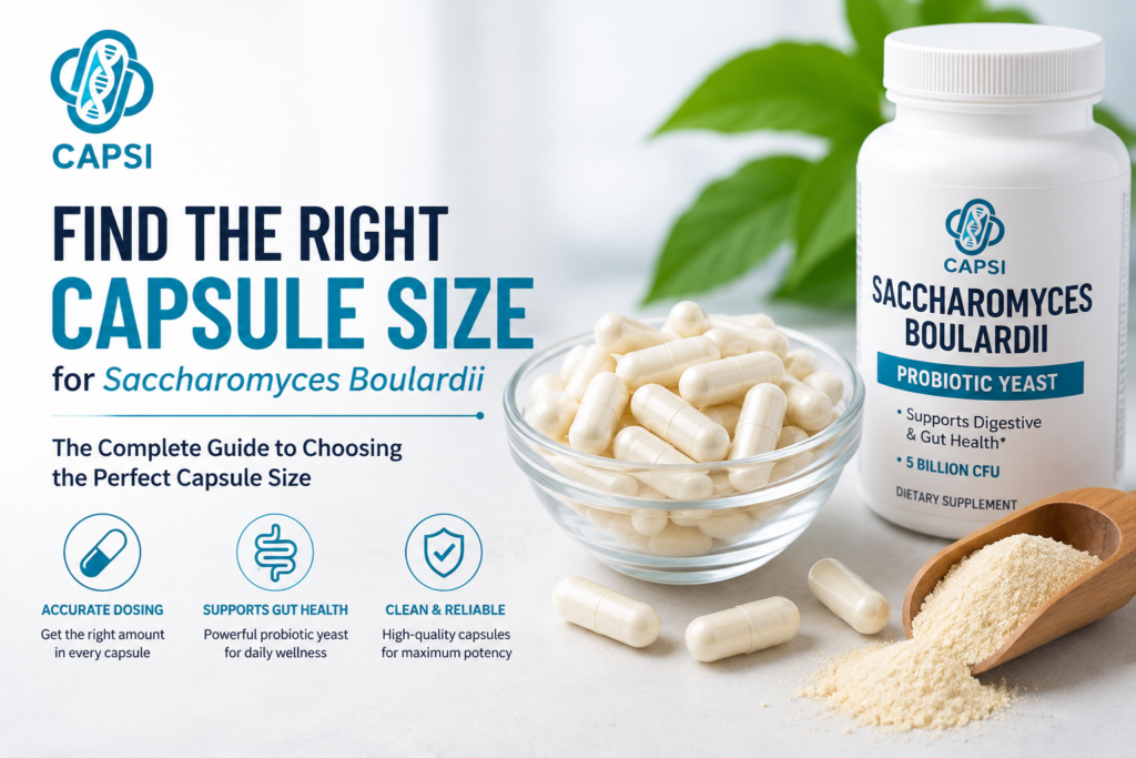 Saccharomyces boulardii capsule size guide with probiotic powder and capsules