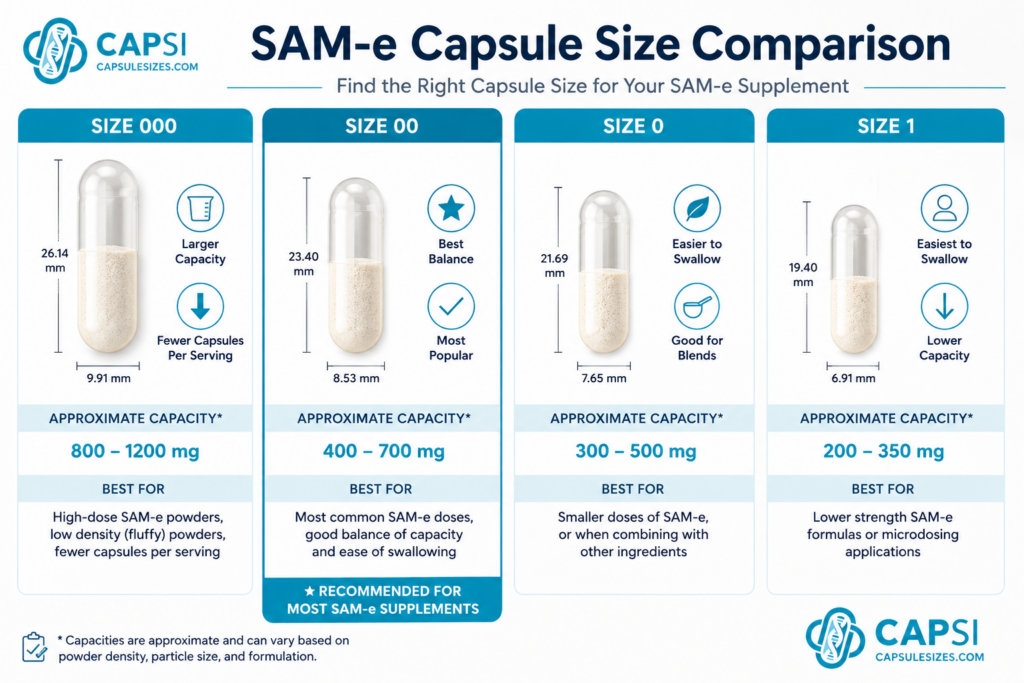 SAM-e capsule size comparison chart for supplement filling